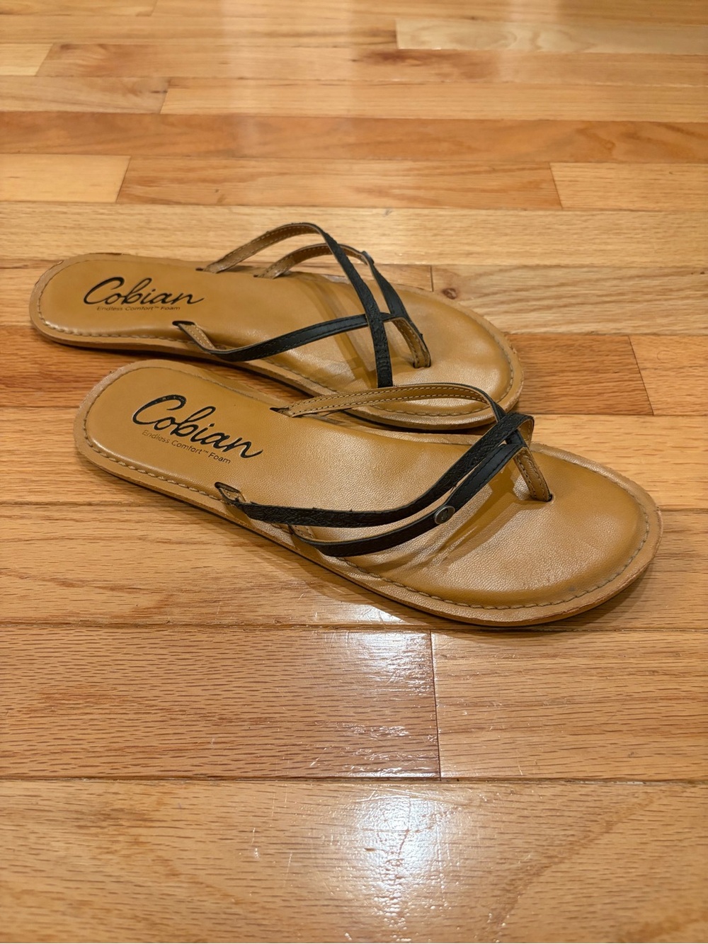 Cobian Lucia Women's Tan Flip Sandals with Black Vegan Leather Straps